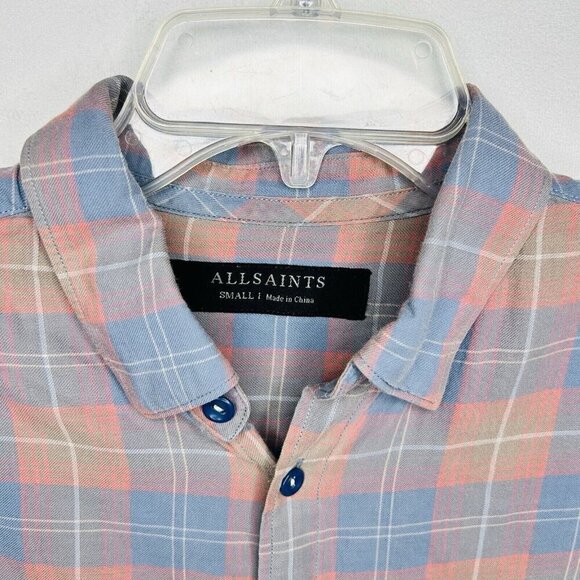ALL SAINTS Men's Button-Down Matheson Shirt Sz S Muted Plaid Blue Pink Stretch - Picture 4 of 7